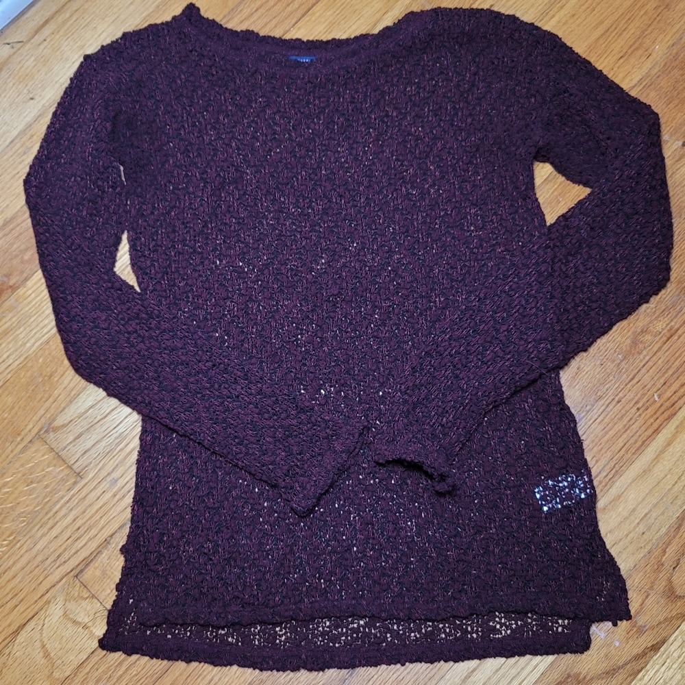 Women's Burgundy and Black Aeropostale Sheer Lace Knit Sweater